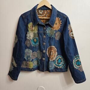 Vintage 90s Y2K Womens Floral Embroidered Denim Jacket Size Medium Boho Cottage